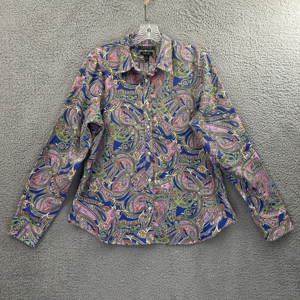 Lauren Ralph Lauren Non Iron Button Up Shirt Paisley Preppy Business Women's XL